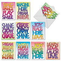 10 ‘Word Stacks' Thank You Cards with Envelopes, Boxed Set of Colorful Inspirational Words Thank You Notes 4 x 5.12 inch, Assortment of Rainbow Phrases Gratitude Greeting Cards M2317