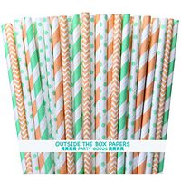 Outside the Box Papers Peach and Mint Green Chevron Polka Dot and Striped Paper Straws 7.75 Inches 100 Pack Peach, Mint Green