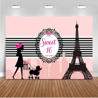 Mehofoto Paris Sweet 16 Backdrop Girl's 16th Birthday Party Photography Background 7x5ft Pink Paris Eiffel Tower 16th Birthday Party Banner Supplies Backdrops
