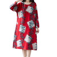 BOOMJIU Women Plue Size Long Sleeve Patchwork Cotton Linen Loose Print Dress