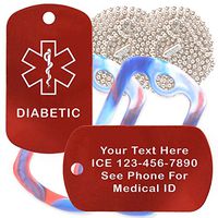 Custom 2 Pack - Diabetic Medical Alert ID Necklaces with Red Custom Tags, Red/White/Blue Silencers, and 30'' USA Chains