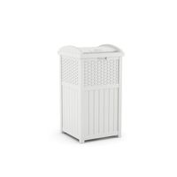 Suncast 33 Gallon Hideaway Trash Can for Patio - Resin Outdoor Trash with Lid - Use in Backyard, Deck, or Patio - White