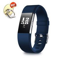 IYOU Compatible for Fitbit Charge 2 Replacement Bands, Classic Edition Adjustable Silicone Sport Wristbands Fitbit Charge 2 Bands for Women and Men, Navy Blue, Large,【Gift】 1X Finger Ring Stand