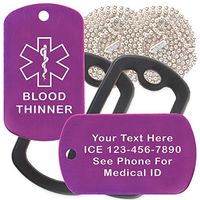 Custom 2 Pack - Blood Thinner Medical Alert ID Necklaces with Purple Custom Tags, Black Silencers, and 30'' USA Chains