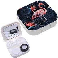 Portable Contact Lens Case Box Travel Kit Mirror + Bottle + Tweezers Container Holder [ Birds Pink Flamingo ]