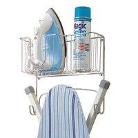 mDesign Metal Wall Mount Ironing Board Holder with Large Storage Basket - Holds Iron, Board, Spray Bottles, Starch, Fabric Refresher for Laundry Rooms - Chrome
