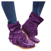 LuluZanm Womens Moccasins Ankle Boots,Ladies Fringe Round Toe Solid Color Flat Shoes Tassel Rome Retro Buckle Mid Boots Purple