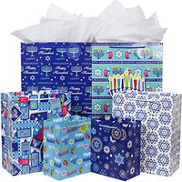 Hanukkah Gift Bag Set, Fzopo 12 Pieces Premium Quality Assorted Sizes Paper Bags with Tags, 4 Extra Large, 4 Large, 4 Medium (6 Happy Hanukkah Designs)