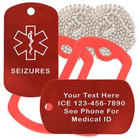 Custom 2 Pack - Seizures Medical Alert ID Necklaces with Red Custom Tags, Red Silencers, and 30'' USA Chains