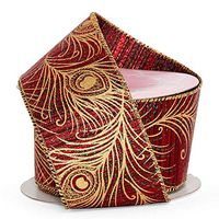Peacock Linen Wired Ribbon - 2-1/2" X 10Yd - Gold/Red