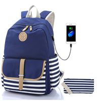 Sqodok Canvas Backpack, 14 Inch School Backpack Laptop Bag with USB Charger Port, Striped Travel Daypack School Bookbag for Women, Blue