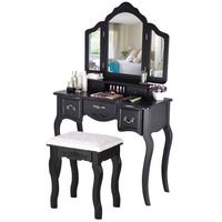 Fine Beautiful Dressing Table & 3 Mirrors,Large Tri-Folding Necklace Hooked Mirrors,5 Drawers Makeup Dress Table with Cushioned Stool Set (Black)