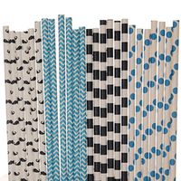 Mustache Paper Straw Mix - Bright Blue and Black - Polka Dot (100)