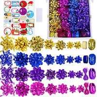 51 Assorted Christmas Gift Bows Ribbon Set Holiday Party Gift Wrapping Package Bow Present Bow Self Adhesive Little Medium Big PVC Bows Metallic Shiny Holographic Gold Blue Purple Fuchsia Gift Bows
