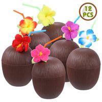 FuturePlusX Tropical Coconut Drink Cups, 12PCS Plastic Hawaii Party Cups with Straws for Hawaiian Luau Party Children Summer Beach Party
