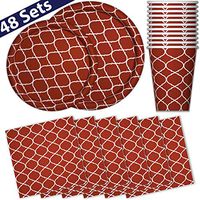Paper Dinnerware Set for 48 - Red Rust - Dinner Plates, Dessert Plates, Cups, Napkins - Heavy Duty Disposable Tableware Dishes for Parties with Lattice Design