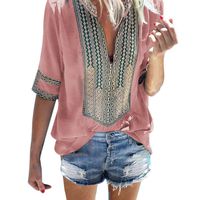 Amlaiworld Women Plus Size Blouse Top Fashion Ladies Deep V-Neck Print Half Sleeve Loose Tops Blouse T-Shirt Tee Tops Pink