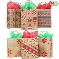 24 Christmas Kraft Gift Bags with Assorted Christmas Prints for Kraft Holiday Paper Gift Bags, Christmas Goody Bags, Xmas Gift Bags, Classrooms and Party Favors by Joiedomi