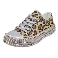 Kauneus Womens Bling Rhinestone Thick Bottom Low Top Casual Shoes Leopard Lace Up Pop Espadrilles Walking Shoes Brown