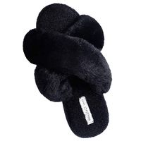 HALLUCI Women's Cross Band Soft Plush Fleece House Indoor or Outdoor Slippers (5-6, Black)