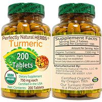 Organic Turmeric Tablets, USDA Certified, 750 mg, 200 per Bottle by Perfectly Natural Herbs