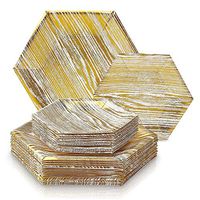 PARTY DISPOSABLE 36 PC DINNERWARE SET | 18 Dinner Plates | 18 Dessert Plates | Heavy Duty Disposable Paper Plates | Hexagon Wood Design | Biodegradable Plates for Upscale Wedding and Dining (Gold)