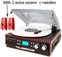 Boytone Bundle BT-37M-C 3-Speed Stereo Turntable with 2 Extra Ceramic Needles (Bluetooth Out Transfer), 2 Built-in Speakers, LCD Display, AM/FM Radio, USB/SD/AUX+ Cassette Player