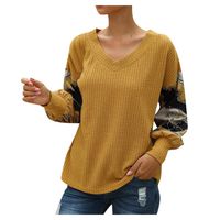 Sunhusing Women's Floral Printed Long Sleeve Casual V-Neck Solid Color Waffle Plaid Stitching Knitted Tops(Yellow,XL)