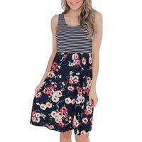 ☀️EDC Women's Stripe Floral Printed Dresses Vintage O Neck Sleeveless Camisole Sleeveless Loose Tank Midi Dress with Pocket (Black, XL)