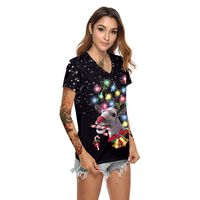ZOMUSAR Women Casual Christmas Pattern Printing Short Sleeves Shirt for Ladies S-XXL Black