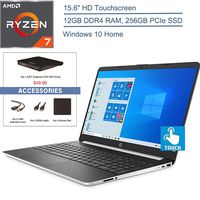 2020 HP 15.6" Touchscreen Laptop Computer, Quad-Core AMD Ryzen 7 3700U Beat i7-7500U up to 4.0GHz, 12GB DDR4 RAM, 256GB PCIe SSD, HDMI, Silver, Windows 10 Home + EST External DVD+ Accessories