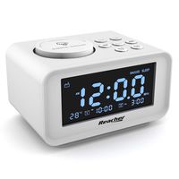 REACHER Dual Alarm Clocks Radio with Charging USB Ports, 6 Wake up Sounds, Adjustable Alarm Volume, Dimmer, Snooze, Thermometer Display, FM Radio with Sleep Timer, Small Size for Bedrooms(White)