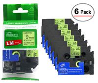 LM Tapes - 6/Pack Premium 3/8" Black Print on Bright Green Label (9mm 0.35 Laminated) Compatible with P-Touch TZe-D21 Tape and Comes with Great Tape Color/Size Guide for Easy reordering.