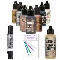 Ranger Tim Holtz Alcohol Ink Mixatives Bundle - All 8 Colors, Pearl, Copper, Silver, Gold, Snow Cap, Rose Gold, Gunmetal, Pitch Black, Blending Tools and Alcohol Solution