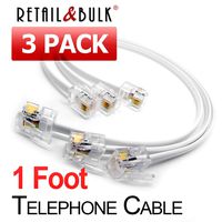 (3 Pack) 1 Foot Short Telephone Cable RJ11 Male To Male, 6p4c Phone Line Cord (12 Inches, White)