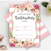 Mocsicka Pink and White Stripes Birthday Invitations Floral Striped Birthday Party Invite, 20 Fill in Invitations and Envelopes
