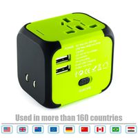 Limechoes International Travel Adapter Universal Power Adaptor European Plug Converter Worldwide All in One with 2.4A 2 USB Ports and AC Socket US to Europe Plug Adapter for UK USA EU AUS Asia (Green)