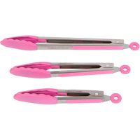 Pink Silicone Cooking Feeding Tongs - Set Of 3 Kitchen Locking Tongs-7,9,12" - For BBQ Grill, Oven Baking, Salad Steak Vegetable Pasta, Fish Serving| BONUS Ebook| Stainless Steel W/Silicone Tips