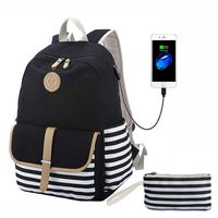 Lmeison Canvas Backpack, Black Striped Bookbags with USB Charging Port Clutch Purse, School Backpack for Teens Girls Computer Backpack Fit 14" Laptop Travel Rucksack