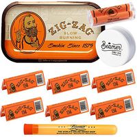 Zig Zag Orange Metal Rolling Tray, 10.5" Wide x 6.5" Long + 6 Packs of Zig Zag 1 1/4 Size Orange Papers + 78mm Zig Zag Roller + Limited Edition Beamer Smoke Sticker