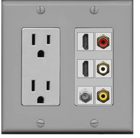 RiteAV - 2 x 15 Amp 125V Power Outlet 3 x RCA - 2 X HDMI and 1 x Coax Cable TV Port Wall Plate Gray