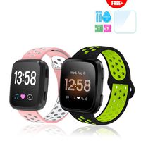 Compatible with Fitbit Versa Bands Free Size, Breathable Soft Silicone Replacement Sport Strap Wristband with Air Holes Compatible with Fitness Smart Watch/Versa Lite/Versa SE (Pink/White+Black/Green)