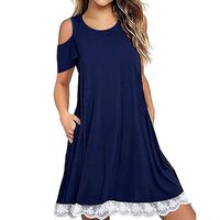 Womens Short Sleeve Cold Shoulder T Shirt Dresses with Pockets Floral Lace Swing Dress Loose Party Dresses Blue