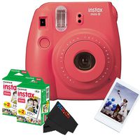 Fujifilm Instax Mini 8 Instant Film Camera (Raspberry) + (2) Fujifilm INSTAX Mini Instant Film (Twin Pack) + PixiBytes Exclusive Cleaning Cloth