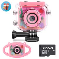 Waterproof Kids Camera Camcorder 12MP HD Kids Action Camera Video Recorder Underwater 32G SD Card - Birthday, Christmas, Festival Gifts for 4-12 Boys Girls (Pink + Silicone case)