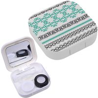 Portable Contact Lens Case Box Travel Kit Mirror + Bottle + Tweezers Container Holder [ Geometrics Formed Squares Embroidery ]