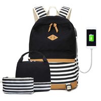 School Backpacks Canvas Backpack Women College Laptop Backpack with USB Charging Port fit 15.6 Inch Laptop, Waterpoof Backpack Set 3 in 1 Bookbags with Lunch Bag and Pouch