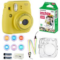 Fujifilm Instax Mini 9 Instant Camera + 10 Fuji Instant Film Sheets + Instax Clear Case W/Rainbow Strap + 6-Color Lenses & More (Yellow)