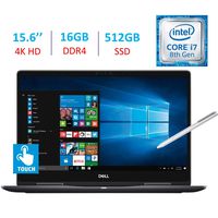 Dell 15.6-Inch 2-in-1 4K Ultra HD (3840 x 2160) Touch Laptop PC, Intel i7-8550U Processor, 16GB DDR4, 512GB SSD, NVIDIA GeForce MX130, Backlit Keyboard, Stylus Pen, Bluetooth, HDMI, Windows 10
