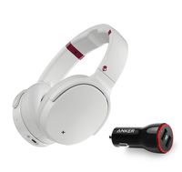Skullcandy Venue Active Noise Canceling Over-Ear Wireless Bluetooth Headphone Bundle with Anker 2-Port USB Car Charger - White/Crimson